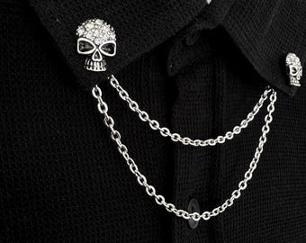 Broche de cuello con calavera: broche de cadena con diamantes de imitación, joyería gótica para cuello