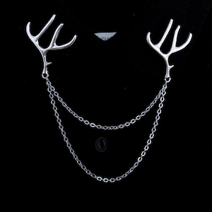 Deer Antler Collar Pin: Silver Shirt Pin Brooch with Double Chain