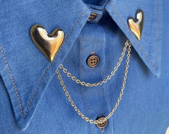 Cadena de collar de corazón dorado: Pin de solapa de cadena doble de acero inoxidable