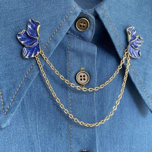 Blue Enamel Leaf Shirt Collar Chain Pin, 316L Steel Gold Double Chain Brooch, Botanical Lapel Pin, Elegant Shirt Pins, Nature-Inspired Gift