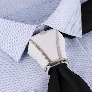 White Tie Knot Cover with Silver Accent, Leather Design, Luxury Wedding Groom Necktie Accessory, White Necktie for Suits, Formal Men Wear