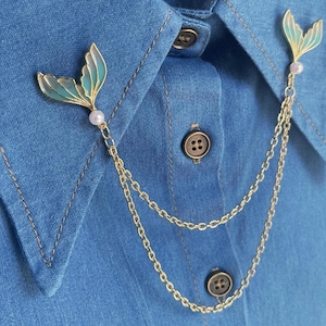Mermaid Tail Collar Pin: Pearl Gold Collar Chain Clip, Blouse Brooch