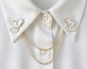 Floral Collar Chain Pin: Gold Double Chain White Leaf Brooch