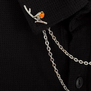 Orange Bird Collar Pin: Silver Double Chain Brooch - Vintage Style