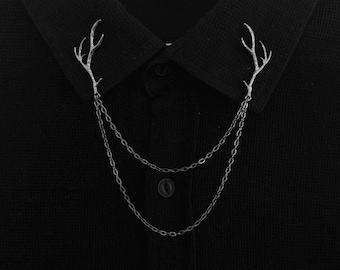 Deer Antler Collar Chain Pin: Double Chain Shirt Brooch. Gothic Punk Jewelry