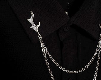 Collar Chain Pin - Silver Fantasy Wing Shirt Pin - Gothic Punk Jewelry