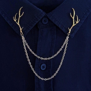 Gold Deer Antler Collar Pin: Gothic Punk Double Chain Brooch