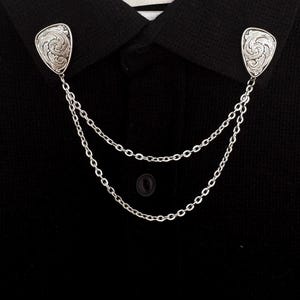 Vintage Silver Collar Chain Pin: Engraved Double Chain Brooch