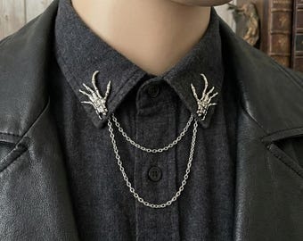Skeleton Hand Collar Chain – Gothic Punk Jewelry - Shirt Pin - Corporate Goth