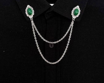 Edwardian Collar Chain: Green Gem Brooch Pin,  Unique Shirt Clip