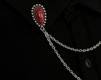 Western Collar Chain with Red, White and Turquoise Gemstone Pins – Vintage Style Shirt Brooch