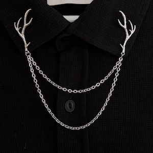 Silver Deer Antler Collar Pin: Gothic Punk Brooch with Double Chain