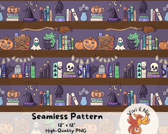 Halloween Bookshelf Seamless Pattern Spooky Books, Cute Spooky Bookish PNG Design Spooky Books Pumpkins Ghosts Witch Decor