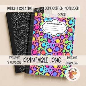 May include: Two composition notebook covers featuring a printable PNG design. One cover has a classic black and white speckled pattern, while the other displays a vibrant, multi-colored leopard print with neon pink, blue, yellow, and green spots.