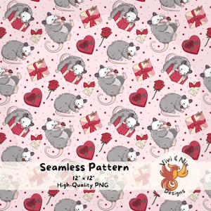 May include: Seamless pattern featuring gray opossums, red gift boxes, heart-shaped boxes, roses, and bows on a pink background. The design includes the text "Seamless Pattern" and "12" x 12" High-Quality PNG".
