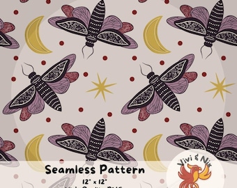 May include: Seamless pattern featuring stylized moths, crescent moons, and stars in shades of purple, black, and gold on a light gray background. The text "Seamless Pattern" is displayed, along with the dimensions 12" x 12" and "High-Quality PNG".