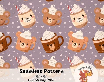 May include: A seamless pattern featuring cartoon bear-shaped mugs and cups of coffee with whipped cream and a straw. The design includes light brown and dark brown mugs on a lavender background with white hearts. The pattern is 30.48 cm x 30.48 cm.