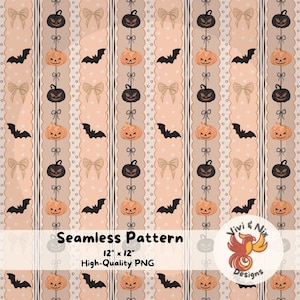 May include: A seamless Halloween pattern featuring repeating vertical stripes with pumpkins, bats, and bows. The pumpkins are orange with black faces, the bats are black, and the bows are beige. The background is a light peach color. The text "Seamless Pattern" is included.