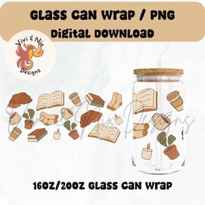May include: A digital download of a 16oz or 20oz glass can wrap design featuring a pattern of books, coffee cups, candles, and socks in a brown and beige color scheme. The design is perfect for a cozy and bookish aesthetic.