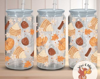 Floral Pumpkin Spice Pancake Glass Can Wrap Digital Download 16oz 20oz Beer Can Glass Wrap Fall Coffee PNG UVDTF
