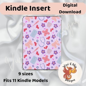 May include: A Kindle Insert with a medical-themed pattern featuring stethoscopes, hearts, flowers, and bandages on a lavender background. The text "Kindle Insert" and "Digital Download" are displayed at the top. The insert fits 11 Kindle models and comes in 9 sizes.
