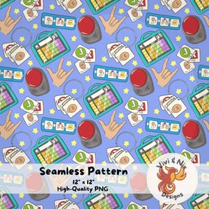 Può includere: Motivo senza cuciture su sfondo blu con illustrazioni di un pulsante rosso, un gesto della mano, un tablet con una tavolozza di colori e altre grafiche. Il motivo include il testo "Seamless Pattern 12" x 12" High-Quality PNG".