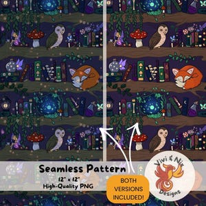 Enchanted Forest Bookshelf Seamless Pattern Night Magic PNG Fairy Cottagecore Pattern Fox Owl Mushroom Books Pattern BONUS Version Included