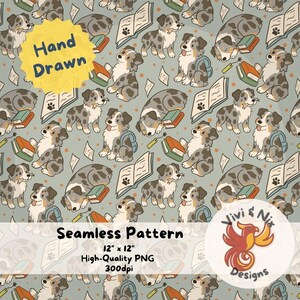 Puede incluir: Patrón sin costuras con perros de dibujos animados, libros y huellas de patas sobre un fondo azul claro. El diseño incluye el texto "Hand Drawn" y "Seamless Pattern 12" x 12" High-Quality PNG 300dpi".