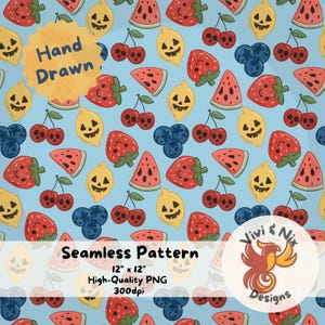 Cute Summerween Fruit Seamless Pattern, Halloween Watercolor Fruit PNG, Bright Strawberry, Lemon, Cherry, Ghost Fruit, Digital Download
