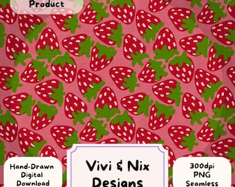 Strawberry Seamless Pattern, Cute Red Strawberry Digital Paper, Summer Fruit Sublimation, Hand Drawn PNG Download, 300DPI