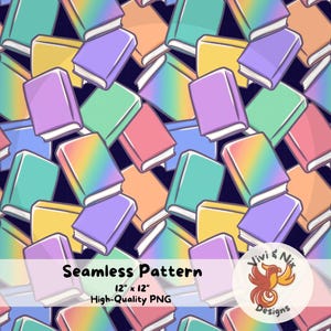 May include: A seamless pattern featuring a repeating arrangement of books in various colours including purple, yellow, teal, pink, and orange against a dark blue background. The text on the overlay reads Seamless Pattern 12" x 12" High-Quality PNG.