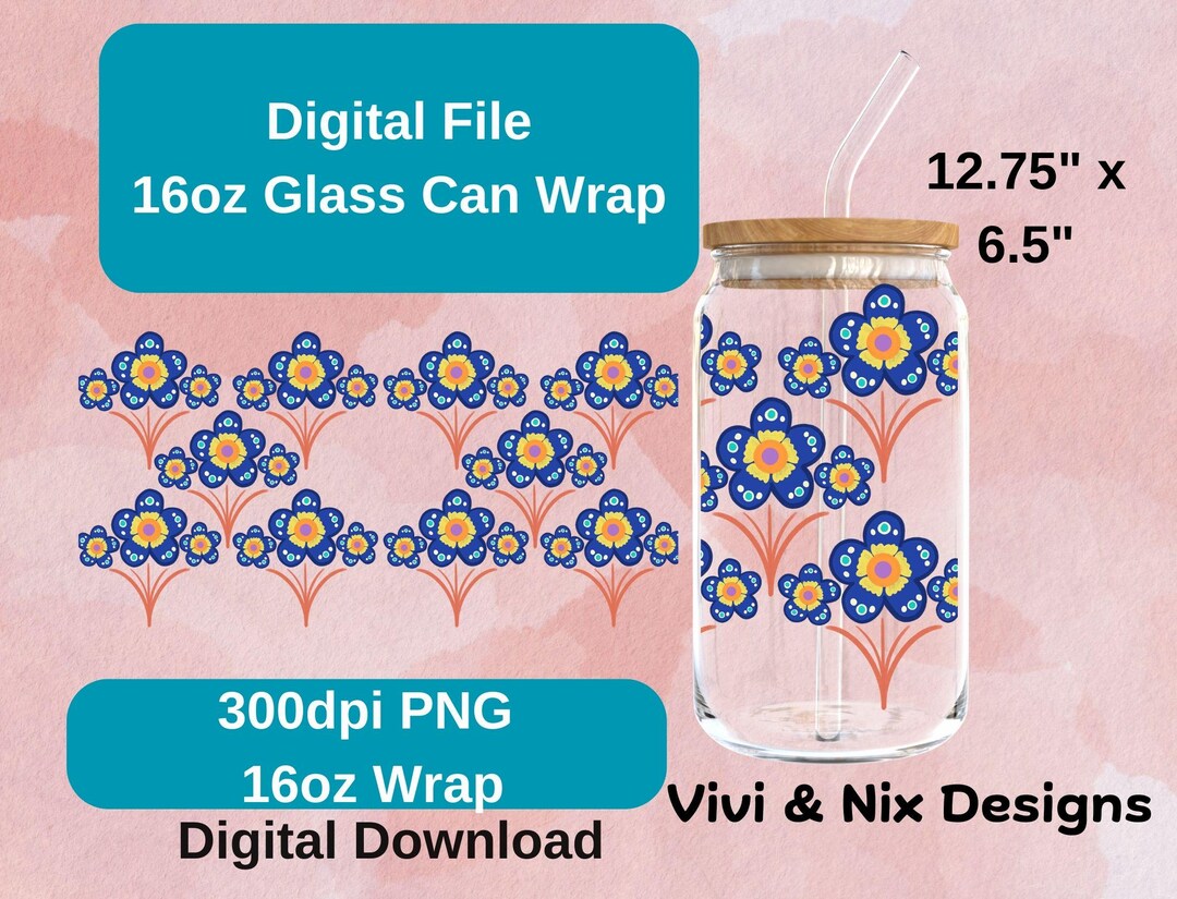 Floral Glass Can Wrap Digital File Mexican Flower 300dpi PNG 16oz Glass ...