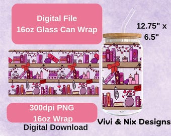 Cute Bookish Valentine Glass Can Wrap Digital File 300dpi PNG 16oz glass can wrap Sublimation Design