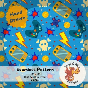 Pode incluir: Um padrão sem costura com fundo azul com vários elementos temáticos de jogos, incluindo controladores de jogos, raios, caveiras, estrelas e moedas. O texto "Hand Drawn" e "Seamless Pattern" também está incluído no design.