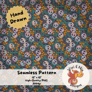 May include: A seamless pattern featuring hand-drawn sugar skulls with colorful floral designs on a dark gray background. The pattern is 12 inches by 12 inches and is a high-quality PNG file at 300 dpi. The text "Vivi & Nix Designs" is in the lower right corner of the image.