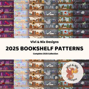 Paquete completo de patrones sin costuras para estanterías de 2025, conjunto PNG con temática de libros, diseños acogedores, lindos y espeluznantes para bibliotecas, paquete completo de patrones para la tienda