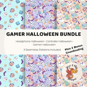 Op de afbeelding: Een Gamer Halloween Bundle met drie naadloze patronen. De ontwerpen tonen gamecontrollers, geesten, pompoenen en snoepmaïs in pastelkleuren. De tekst "GAMER HALLOWEEN BUNDLE" wordt weergegeven. Inclusief bonus coördinerende patronen.