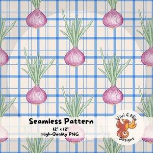 May include: Seamless pattern featuring illustrations of red onions with green stalks, set against a blue and white plaid background. The text "Seamless Pattern", "12" x 12"", and "High-Quality PNG" are included.