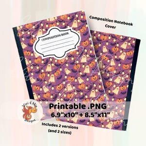 Könnte beinhalten: Zwei Notizbücher mit einem Halloween-Thema. Das Design zeigt Geister, Kürbisse und Lichterketten auf einem lila Hintergrund. Die Notizbücher sind mit "Composition Book" beschriftet und enthalten den Text "Printable .PNG" sowie Größenangaben.