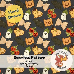 Könnte beinhalten: Nahtloses Halloween-Muster mit handgezeichneten Illustrationen von Geistern, Katzen, Kürbissen, Fledermäusen und Schleifen auf dunklem Hintergrund. Das Muster enthält den Text "Seamless Pattern" und "Hand Drawn".