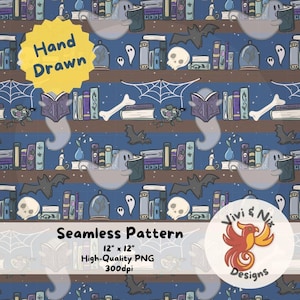Ghost Bookish Seamless Pattern, PNG, Bookshelf Seamless, Cute Ghost Library and Books, Gothic Aesthetic Digital Paper, Dark Bookish Design