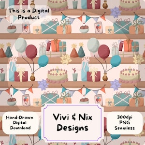 Birthday Bookshelf Seamless Pattern|Hand-drawn Birthday| Cake and Balloons Digital Paper|Pastel Birthday Party| 300DPI PNG Download