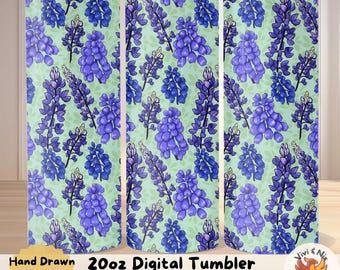Bluebonnet Tumbler Wrap Digital Download Floral Texas Wildflower Design on Green Leafy Background for 20oz Skinny Tumbler
