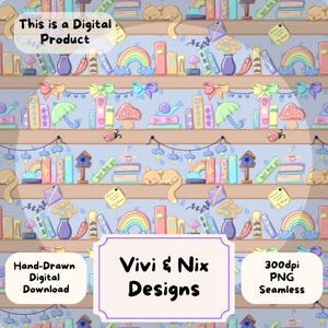 Bookish Pastel Rainbow Bookshelf Seamless Pattern Spring Seamless Design Hand Drawn PNG Download Digital Paper
