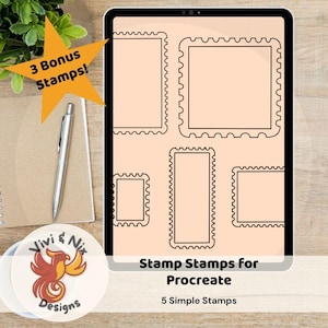 Pode incluir: Um design de arte digital exibido em um tablet, apresentando cinco molduras em forma de selo com preenchimento pêssego claro e contornos pretos. O texto "Stamp Stamps for Procreate" e "5 Simple Stamps" são visíveis. Um gráfico em forma de estrela diz "3 Bonus Stamps!"