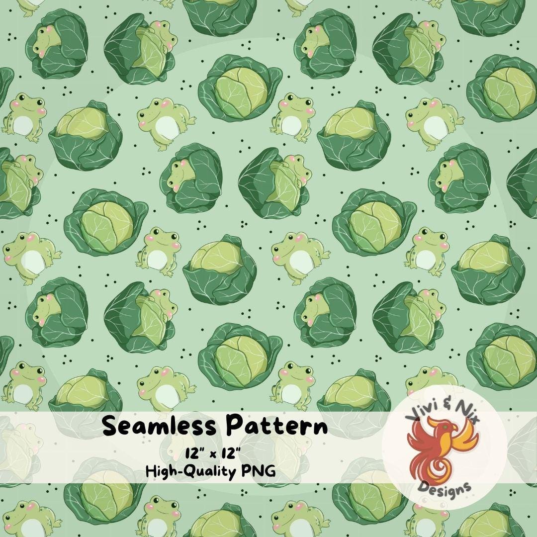 Frog and Cabbage Seamless Pattern Cute Garden Frog Digital PNG Hand ...