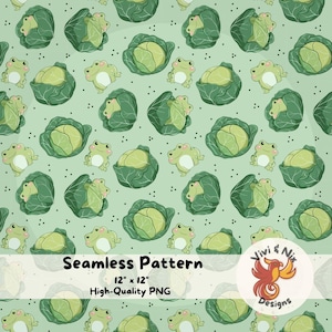 May include: A seamless pattern with cartoon frogs and cabbages in various shades of green on a light green backdrop. The design includes the text "Seamless Pattern", "12" x 12"", and "High-Quality PNG". The design is by Vivi & Nix Designs.