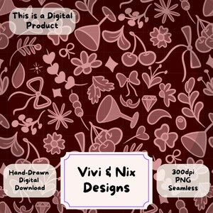 Dark Red Cherry Martini Seamless Pattern, Ditsy Floral Digital Paper, Floral Print, 300DPI PNG, Olives and Coquette Bows, Instant Download