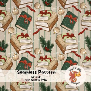 Puede incluir: Patrón sin costuras con ilustraciones de libros, algunos con regalos atados con lazos rojos, adornos navideños, ramitas de vegetación y cintas rojas. Se muestra el texto "Seamless Pattern", junto con dimensiones de 30,48 cm x 30,48 cm.