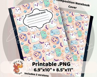 Couverture de cahier de composition Halloween Gamer contrôleur fantôme mignon PNG imprimable 6,9 x 10 + 8,5 x 11 fichiers de couverture numérique